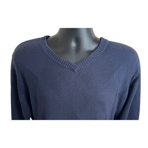 Oscar De La Renta Men Navy Blue Argyle V-Neck Long Sleeve Sweater Size L